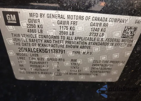 2016 Chevrolet Equinox Lt из США, поврежденный, VIN 2GNALCEK5G1178791